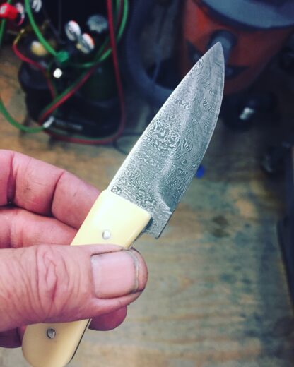 Damascus Steel Knife with Aged Fake Ivory Slabs - Image 3